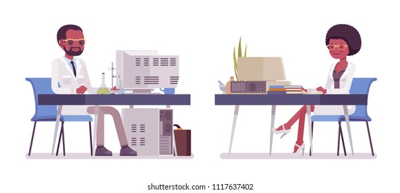 Male, female black scientist working at desk. Expert of physical, natural laboratory in white coat at computer. Science, technology. Vector flat style cartoon illustration isolated, white background