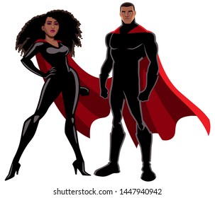 Male and female black superheroes posing on white background. 