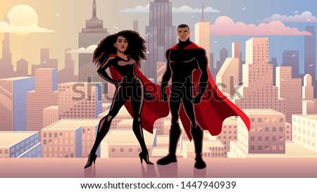 Male and female black superheroes posing in front of beautiful cityscape.