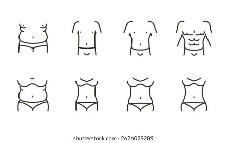Male and female body shape icon set. Thin line editable stroke icons for body types, fitness, weight, anatomy. Outline illustrations for fitness progress, weight loss, physique transformation