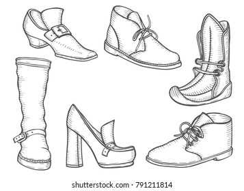 Male and female boot set illustration, Winter and summer shoes in classic style, drawing, engraving, ink, line art, vector