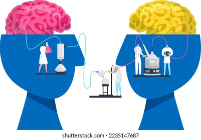 Male and female brain, human heads, man and woman faces profiles with brains and scientists research gender differences, vector illustration.