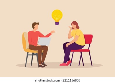 Male and female brainstorming on working session in friendly collaborating in office. Coworking concept. Flat vector illustrations isolated. 