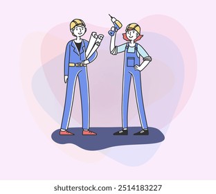 Male and female builders working together on construction site. Man and woman in helmets holding tools and blueprints. Vector illustration for teamwork, labor, occupation concept