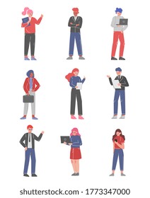 Male and Female Business Character Collection, Office Employees Standing with Folders and Documents Vector Illustration