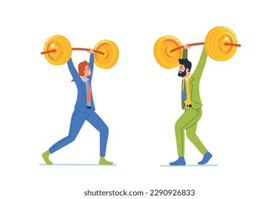 Male or Female Business Characters Compete in Lifting Barbell Loaded With Gold Coins. Businesspersons Fight for Success