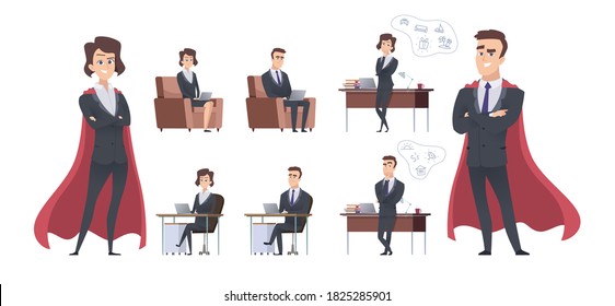 Male Female Business Characters. Different Office Situation, Manager Superhero Or Team Leader. Leadership And Creating New Ideas Vector Illustration