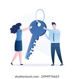 Male and female business characters holding big key. Unlock way to success. Mortgage, new home. Business motivation, complicated tasks solution. Safety or opportunity concept. flat vector Illustration