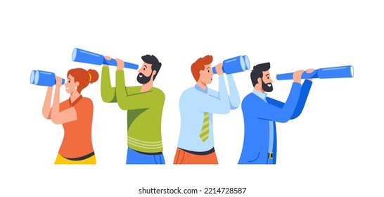 Male and Female Business Characters Looking through Binoculars and Spy. Business Vision, Recruitment, Visionary Forecast Prediction, Planning for Future Strategy. Cartoon People Vector Illustration