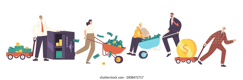 Male and Female Business Characters with Money Wheelbarrow, Safe and Trolley with Golden Coins and Dollar Bills. Cartoon People Earn Money, Make Savings, Benefit or Lottery Win. Vector Illustration