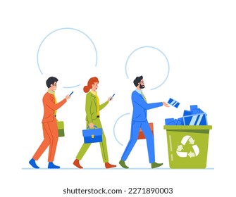 Male And Female Business Characters Throw Mobile Phones Into Litter Bin. Concept Of Taking Break From Technology