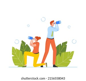 Male and Female Business Characters Watching to Binoculars, Business Vision, Employee Recruitment, Visionary Forecast, Prediction, Success Planning for Future Strategy. Cartoon  Vector Illustration