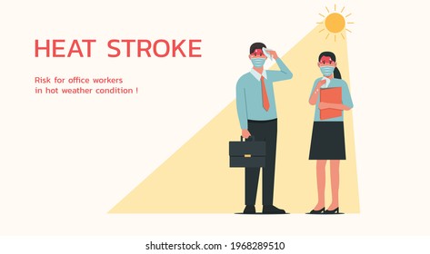 Male and female business characters wearing mask standing together in sunny weather in summer and feeling tried because heatstroke symptom, flat vector illustration