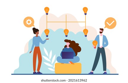 Male and female business characters working together as a team in office. Concept of partnership, cooperation and collaboration supported by colleagues and work gain. Flat cartoon vector illustration