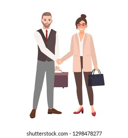 Male and female business partners, employees or office workers shaking hands. Professional cooperation between colleagues, partnership, agreement. Colorful vector illustration in flat cartoon style.