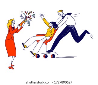 Male and Female Business People Characters Fooling Take Part in Chair Racing in Office. Company Colleagues Shouting, Gesturing and Shoot Slapstick while Riding Armchair. Linear Vector Illustration