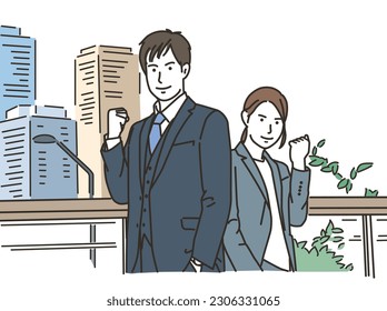 Male and female business people doing guts pose