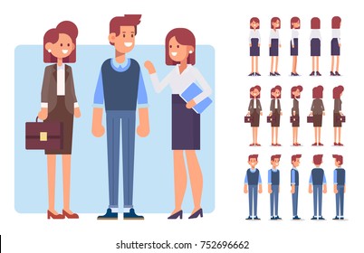 Male and female business people. Flat Vector characters for your scenes. Character creation set with various views, face emotions. Parts of body template for design work and animation.