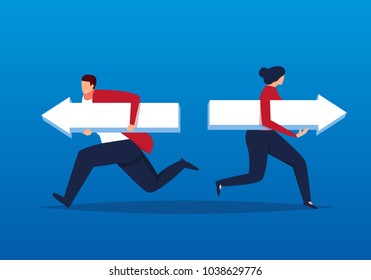 Male And Female Business People Holding Arrows To Run In Different Directions