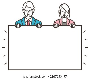 Male and female business people holding copy space with both hands and looking down [Vector illustration].