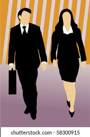 Male and female business people on striped colorful background walking forward, the man holding a briefcase.