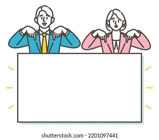 Male and female business people pointing to the copy space below to guide something [vector illustration material]