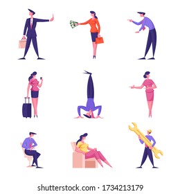 Male and Female Business People Refuse to Take Bribe, Traveling with Luggage, Sitting in Armchair, Characters Holding Huge Wrench, Stand on Head Isolated on White. Cartoon People Vector Illustration