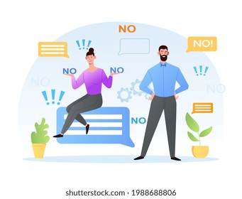 Male and female business people are saying no. Text form with scream exclamation. No answer choice. People disagree at work. Flat cartoon vector illustration