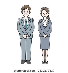 Male and female business people standing side by side, Vector Illustration.
full body office worker front view
