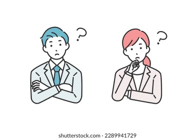 Male and female business people in a thinking pose.