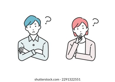 Male and female business people in a thinking pose.