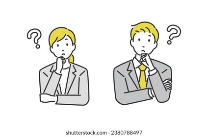 Male and female business people in thinking pose.