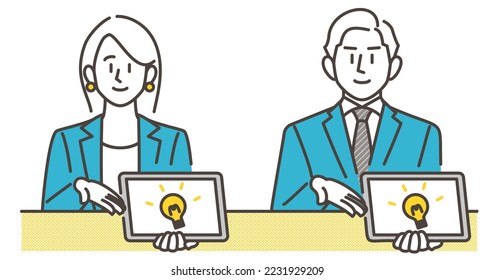 Male and female business person explaining and making a proposal on a tablet computer [Vector illustration].