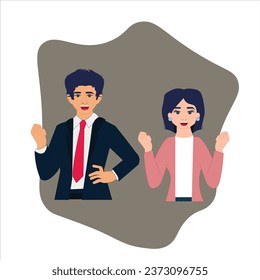 Male and Female Business Professionals Celebrating Success with Fist Pumps and Positive Expression , Business Person Expressing their Happiness 