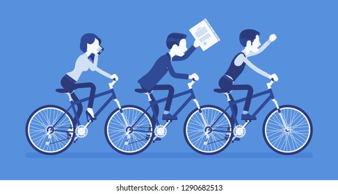 Male and female business tandem. Successful team riding together a bicycle in cooperation and agreement. Synchronization, professional togetherness metaphor. Vector illustration, faceless characters