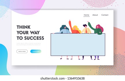 Male and Female Business Team Characters Holding Empty Banner. Happy People with Blank Billboard. Teamwork Advertising Concept Presentation, Announcement Landing Page. Cartoon Flat Vector Illustration