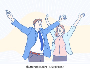 Male and female business their arms wide open, they are expressed their joy in success. Business concept. Hand drawn in thin line style, vector illustrations.