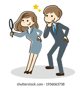 Male and female businessmen observing with a magnifying glass.