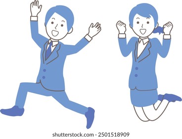 Male and female businesspeople jumping with joy