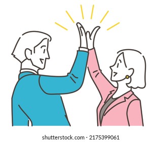 Male and female businessperson high-fiving [Vector illustration of upper body].