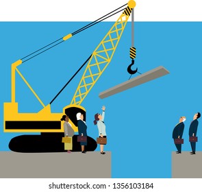 Male And Female Busyness People Attempting To Close Gender Gap Using A Crane, EPS 8 Vector Illustration