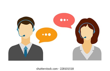 Male and female call avatar icons with a faceless man and woman wearing headsets with speech bubbles.  Vector Illustration. 