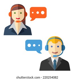 Male and female call center avatar icons flat