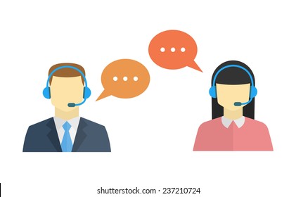 Male and female call center avatar icons with a faceless man and woman conceptual of client services and communication