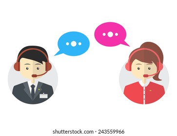 Male and female call center avatar icons.  Man and woman wearing headsets with colorful speech bubbles conceptual of client services and communication. Vector