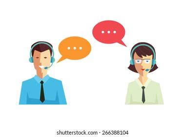 Male and female call center avatar icons with a faceless man and woman wearing headsets with colorful speech bubbles conceptual of client services and communication