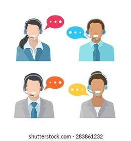 Male and female call center avatar icons with a man and woman wearing headsets  concepts of client services and communication