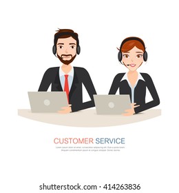 Male and female call center avatar icons with a faceless man and woman wearing headsets with colorful speech bubbles conceptual of client services and communication.