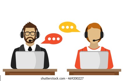 Male and female call center avatar icons with a faceless man and woman conceptual of client services and communication. Vector flat illustration.