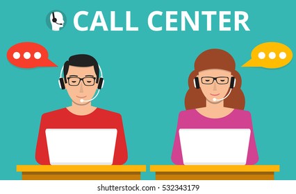 Male and female call center avatar icons with a faceless man and woman conceptual of client services and communication. Vector flat illustration.